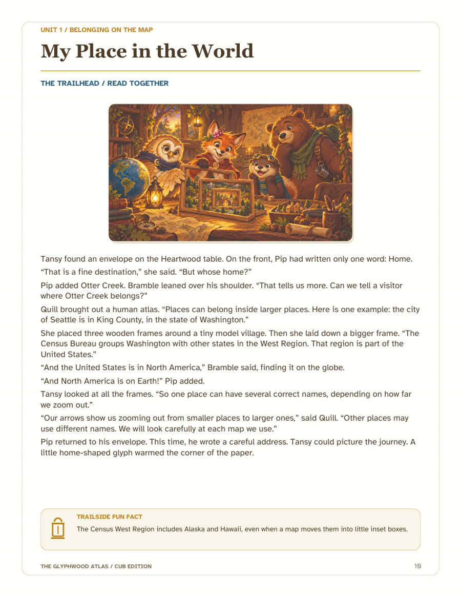 A page from the Glyphwood Atlas, Cub edition: Unit 1, My Place in the World