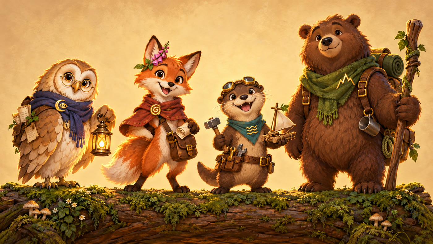 Quill the owl, Tansy the fox, Pip the otter and Bramble the bear, the four lodge mascots of Glyphwood